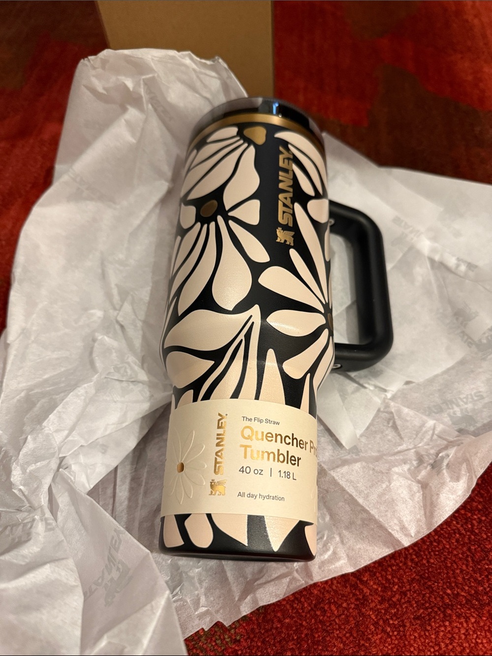 Stanley Black Tumbler with Cream Floral Design 40 oz
